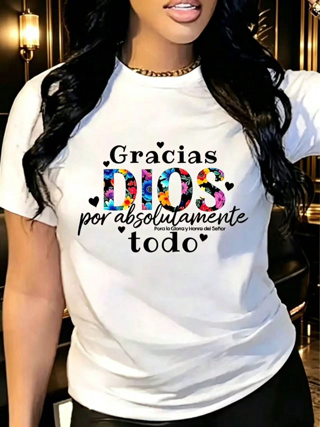 Gracias Dios Print Cotton Short Sleeve Tee Crew Neck Casual Top