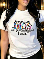 Gracias Dios Print Cotton Short Sleeve Tee Crew Neck Casual Top
