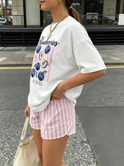 Blueberry Illustration Print Loose Short Sleeve Tee Unisex Crew Neck Casual Top