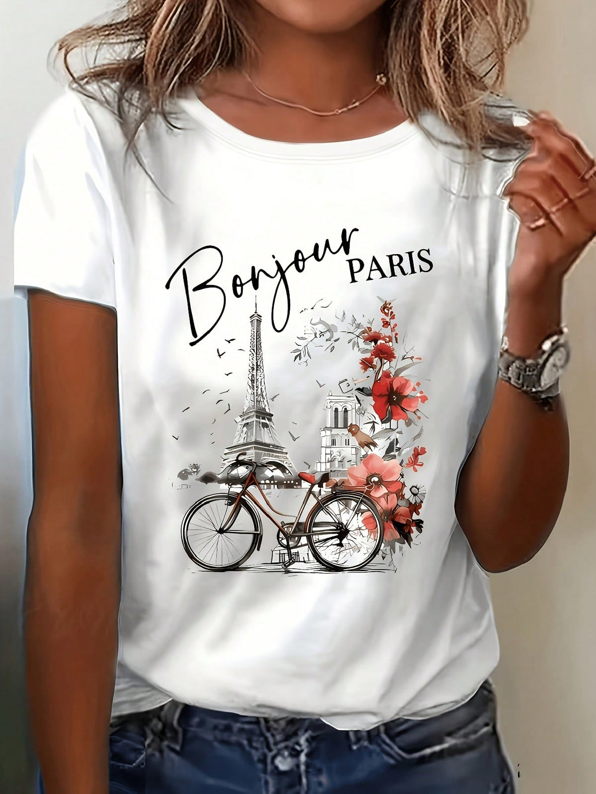 Bonjour Paris Eiffel Tower Floral Print Cotton Short Sleeve Tee Crew Neck Top