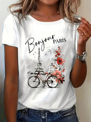 Bonjour Paris Eiffel Tower Floral Print Cotton Short Sleeve Tee Crew Neck Top