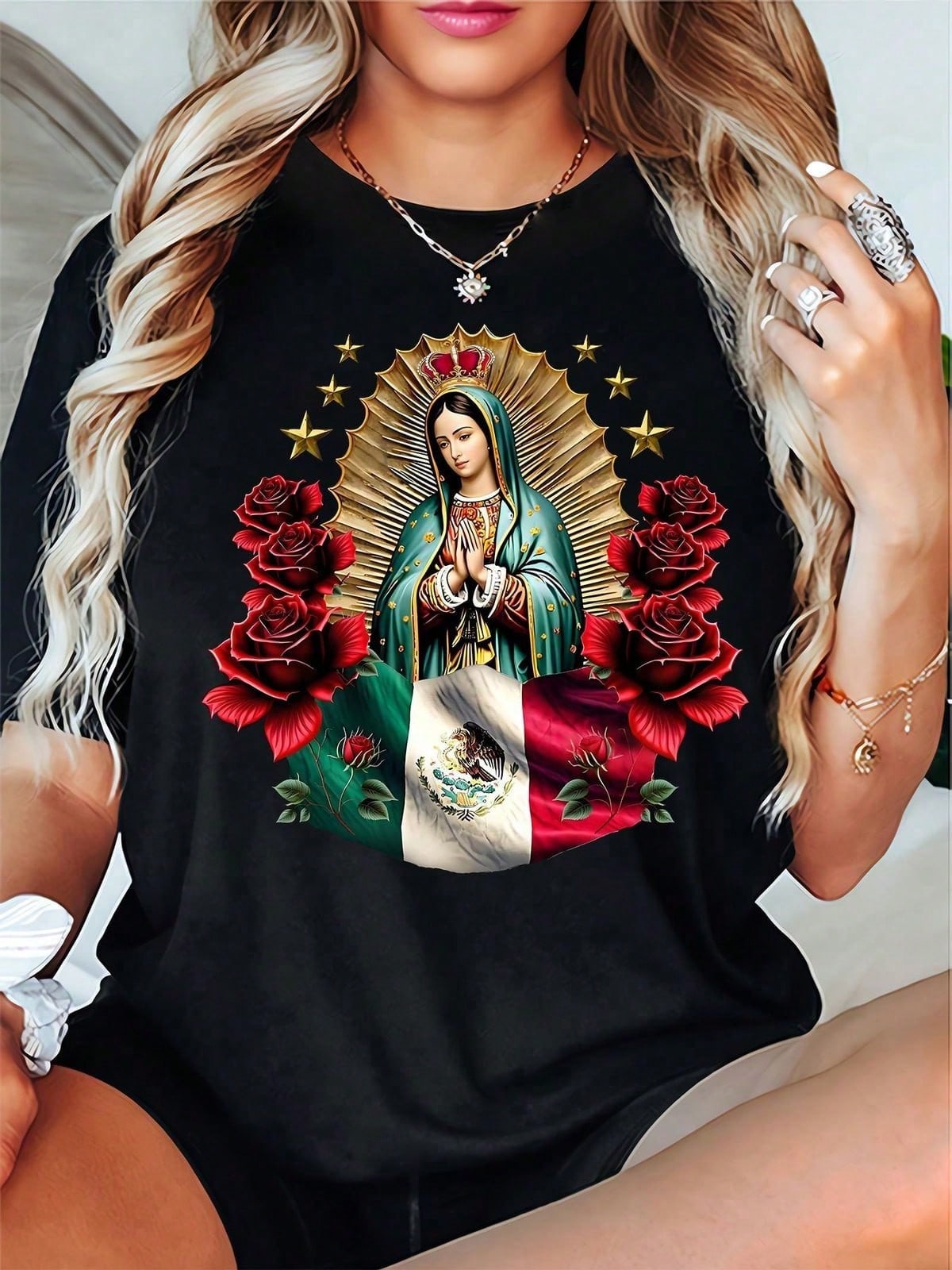 Virgin Mary Graphic Crew Neck Tee Religious Belief Spring Summer Short Sleeve