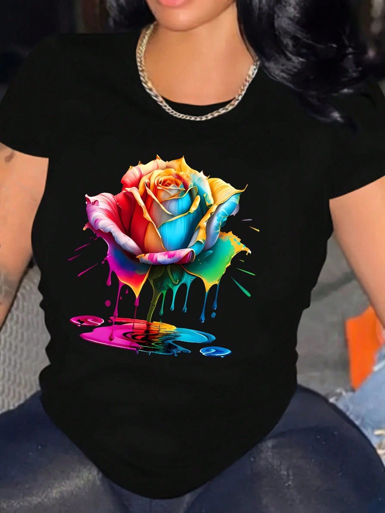 Y2K Colorful Flower Print Oversized Short Sleeve Tee Crew Neck Top