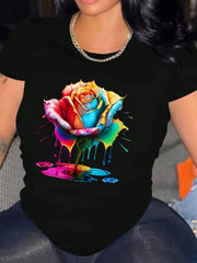 Y2K Colorful Flower Print Oversized Short Sleeve Tee Crew Neck Top
