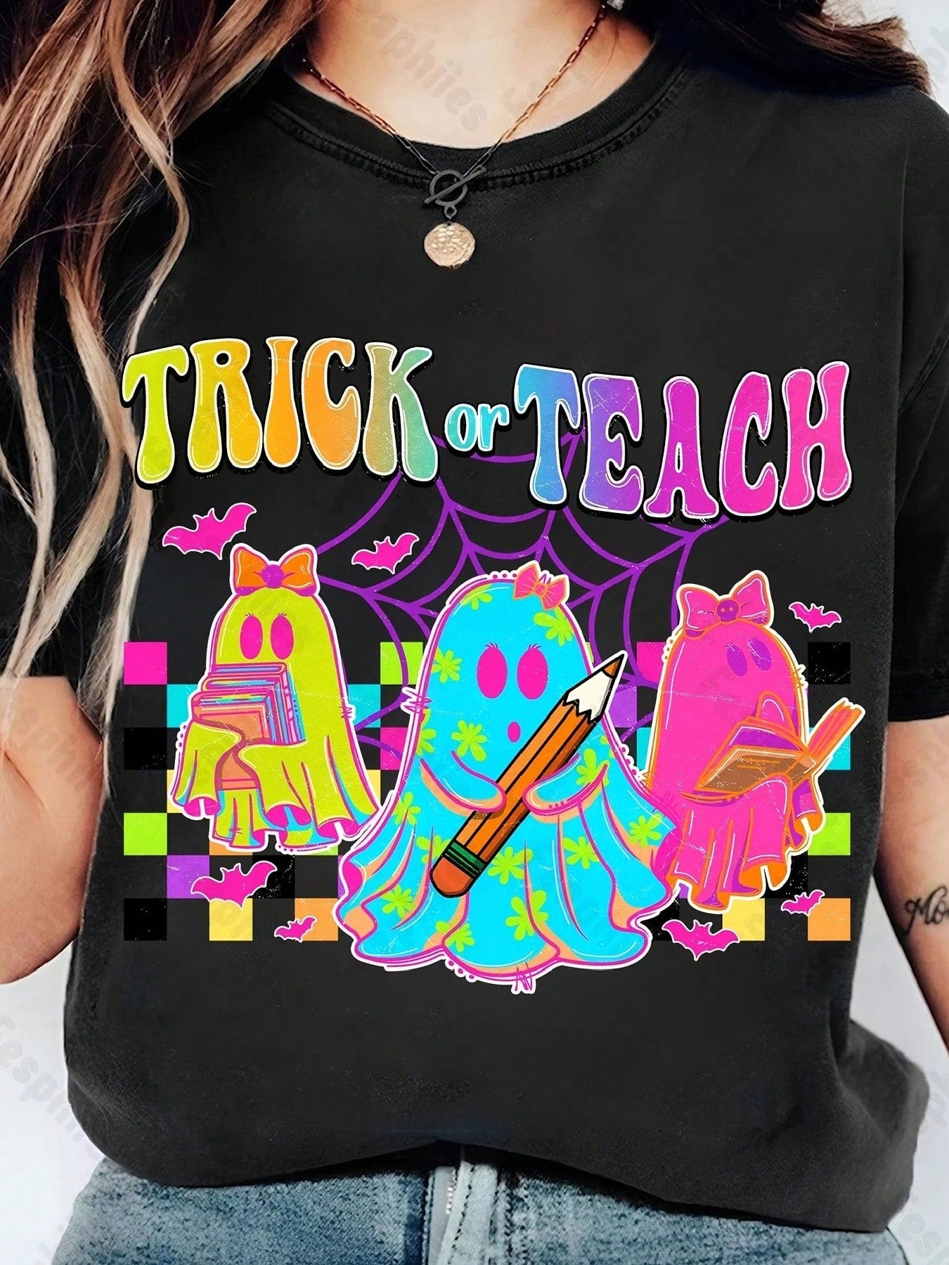 Unisex Educator Halloween Graphic Tee, Trick or Teach Cute Colorful Ghosts Book Pencil Retro Spooky Teacher Short Sleeve T-Shirt