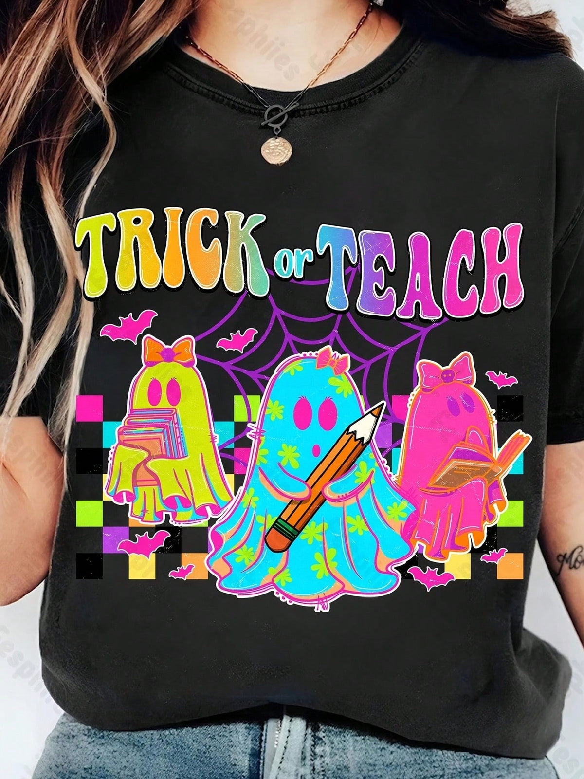 Unisex Educator Halloween Graphic Tee, Trick or Teach Cute Colorful Ghosts Book Pencil Retro Spooky Teacher Short Sleeve T-Shirt