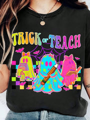 Unisex Educator Halloween Graphic Tee, Trick or Teach Cute Colorful Ghosts Book Pencil Retro Spooky Teacher Short Sleeve T-Shirt