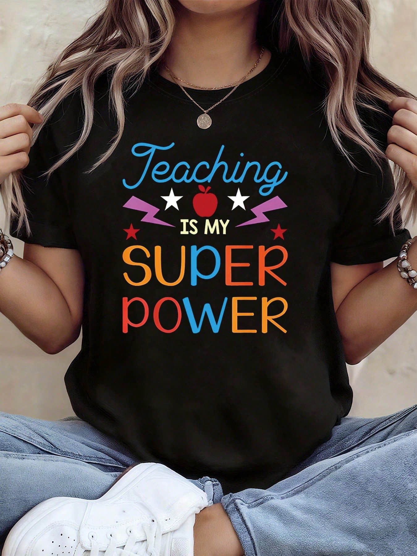 Teaching Is My Super Power Graphic Crew Neck Tee Apple Lightning Teacher Short Sleeve Top