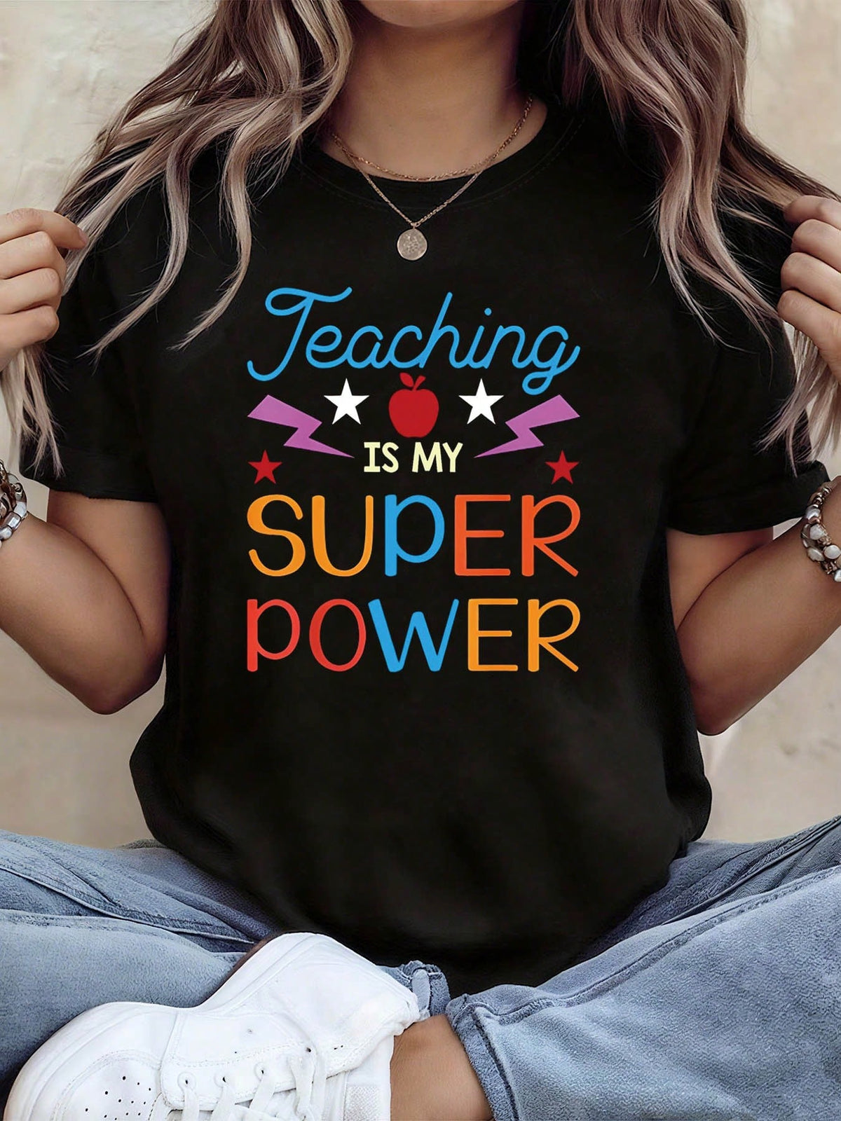 Teaching Is My Super Power Graphic Crew Neck Tee Apple Lightning Teacher Short Sleeve Top