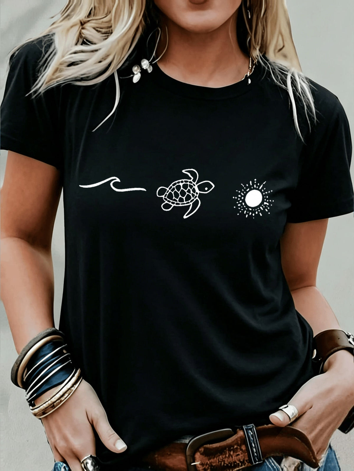 Turtle Sun Graphic Crew Neck Short Sleeve Tee Unisex Summer Casual Top