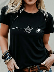 Turtle Sun Graphic Crew Neck Short Sleeve Tee Unisex Summer Casual Top