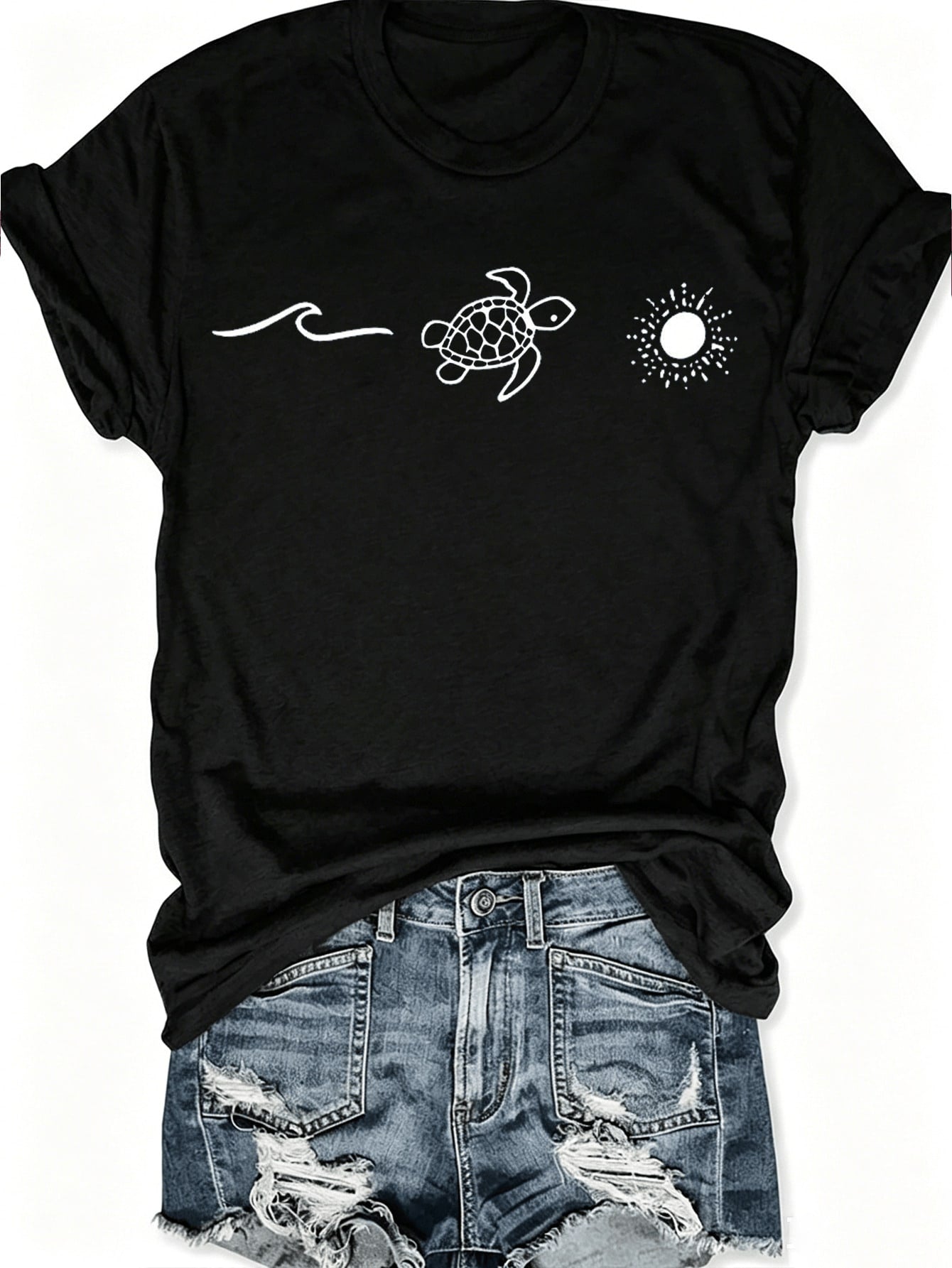 Turtle Sun Graphic Crew Neck Short Sleeve Tee Unisex Summer Casual Top