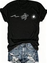 Turtle Sun Graphic Crew Neck Short Sleeve Tee Unisex Summer Casual Top