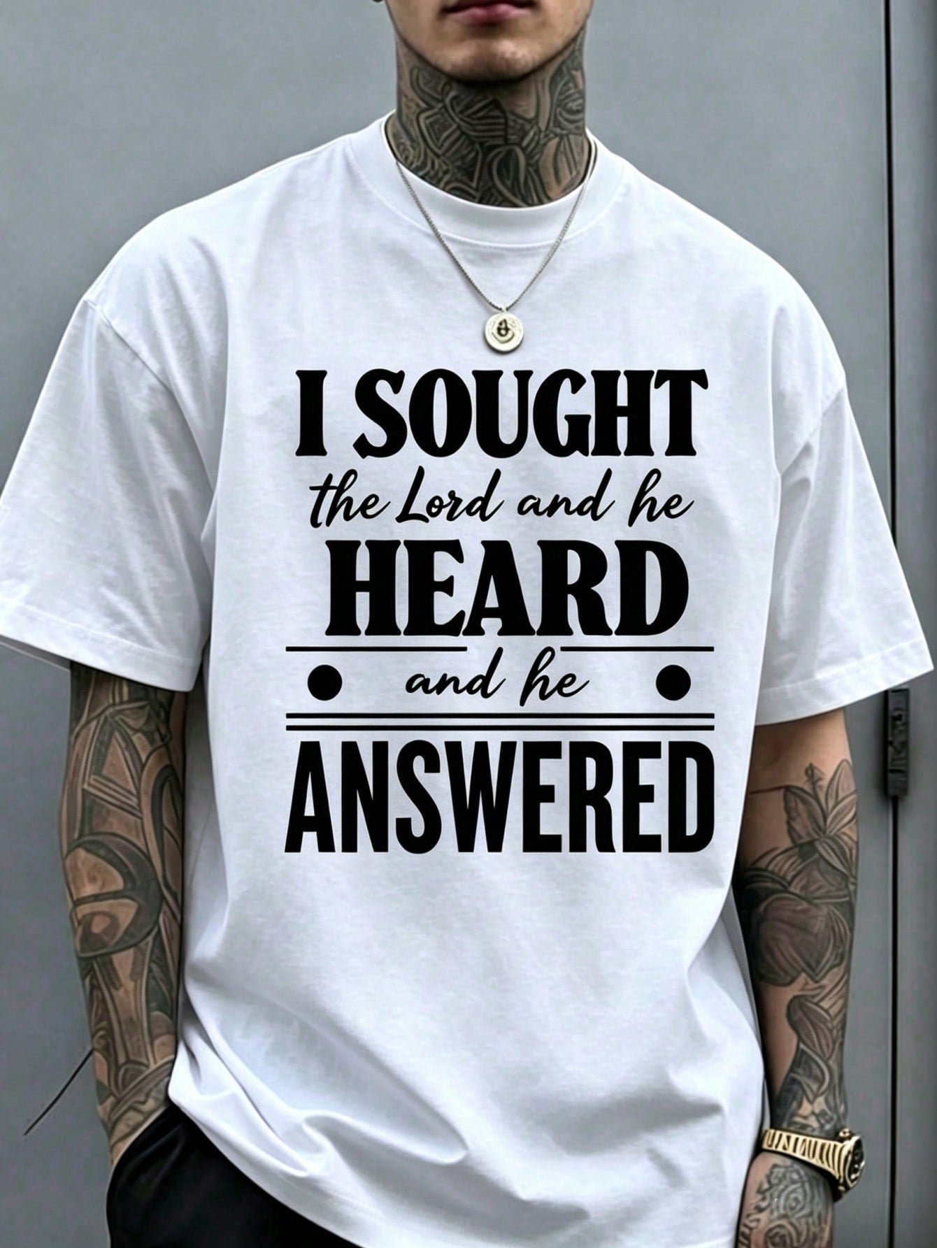 Mens Christian Shirt I Sought the Lord He Heard and Answered Bible Verse Faith Graphic Tee