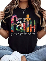 Women Round Neck T Shirt Faith Floral Print And Inspirational Quote Short Sleeve Casual Summer Wear