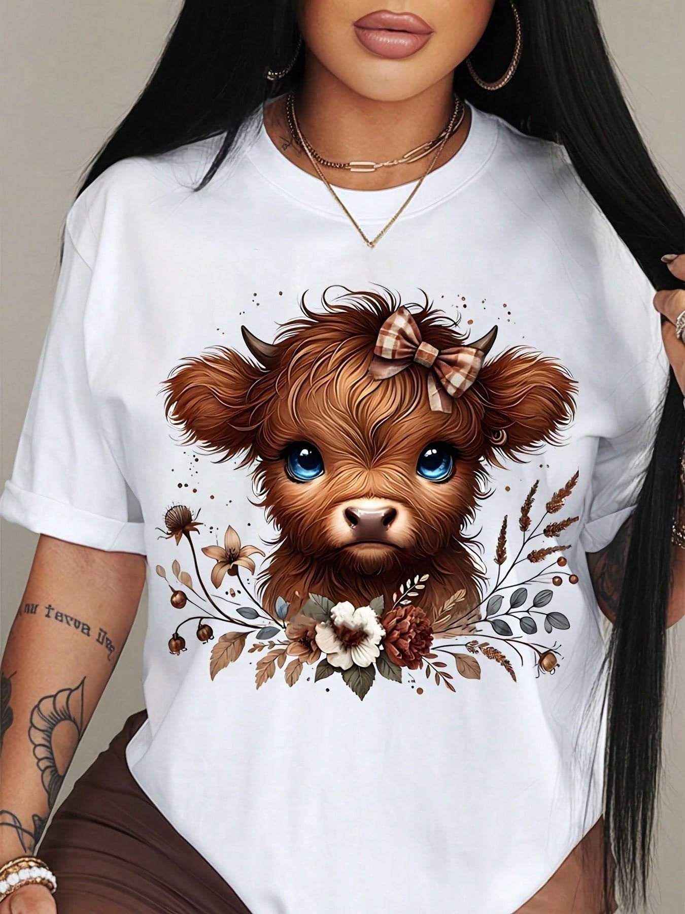 Unisex Western Country Graphic Tee, Cute Baby Highland Cow Plaid Bow Fall Wildflowers Floral Short Sleeve T-Shirt