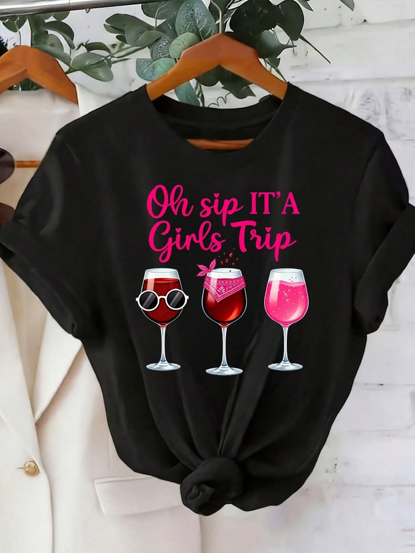 Oh Sip Its A Girls Trip Graphic Crew Neck Tee Vacation Casual Short Sleeve