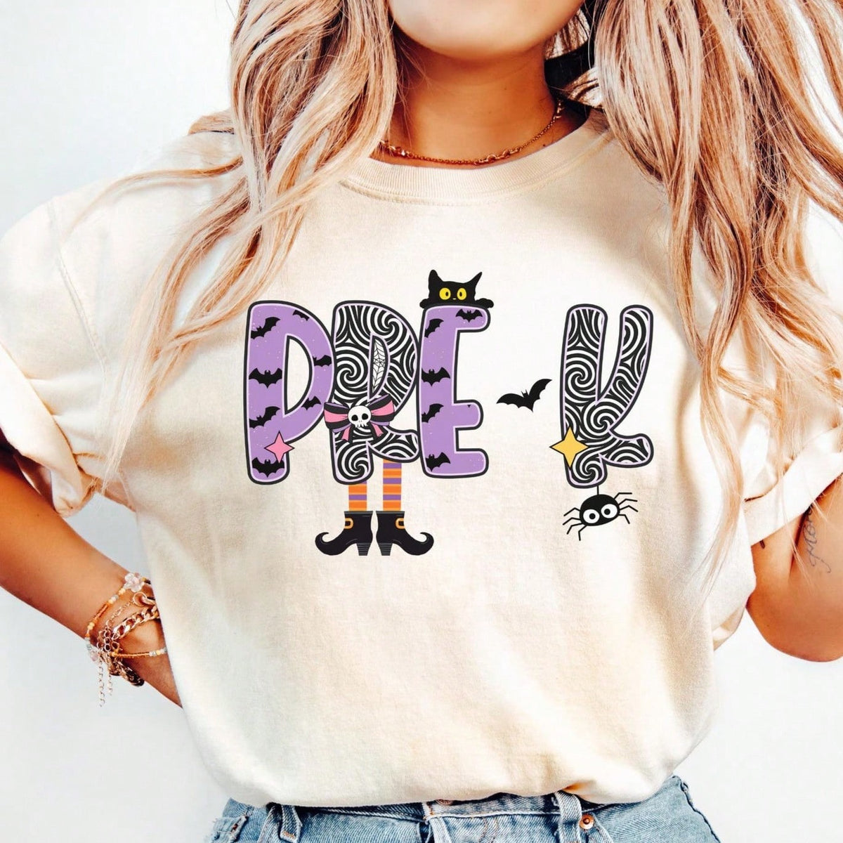 Women's Pre-K Teacher Halloween Spider Bat Graphic T-Shirt, Casual Short Sleeve Preschool Teacher Gift Tee