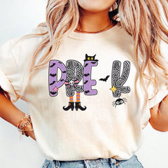 Women's Pre-K Teacher Halloween Spider Bat Graphic T-Shirt, Casual Short Sleeve Preschool Teacher Gift Tee