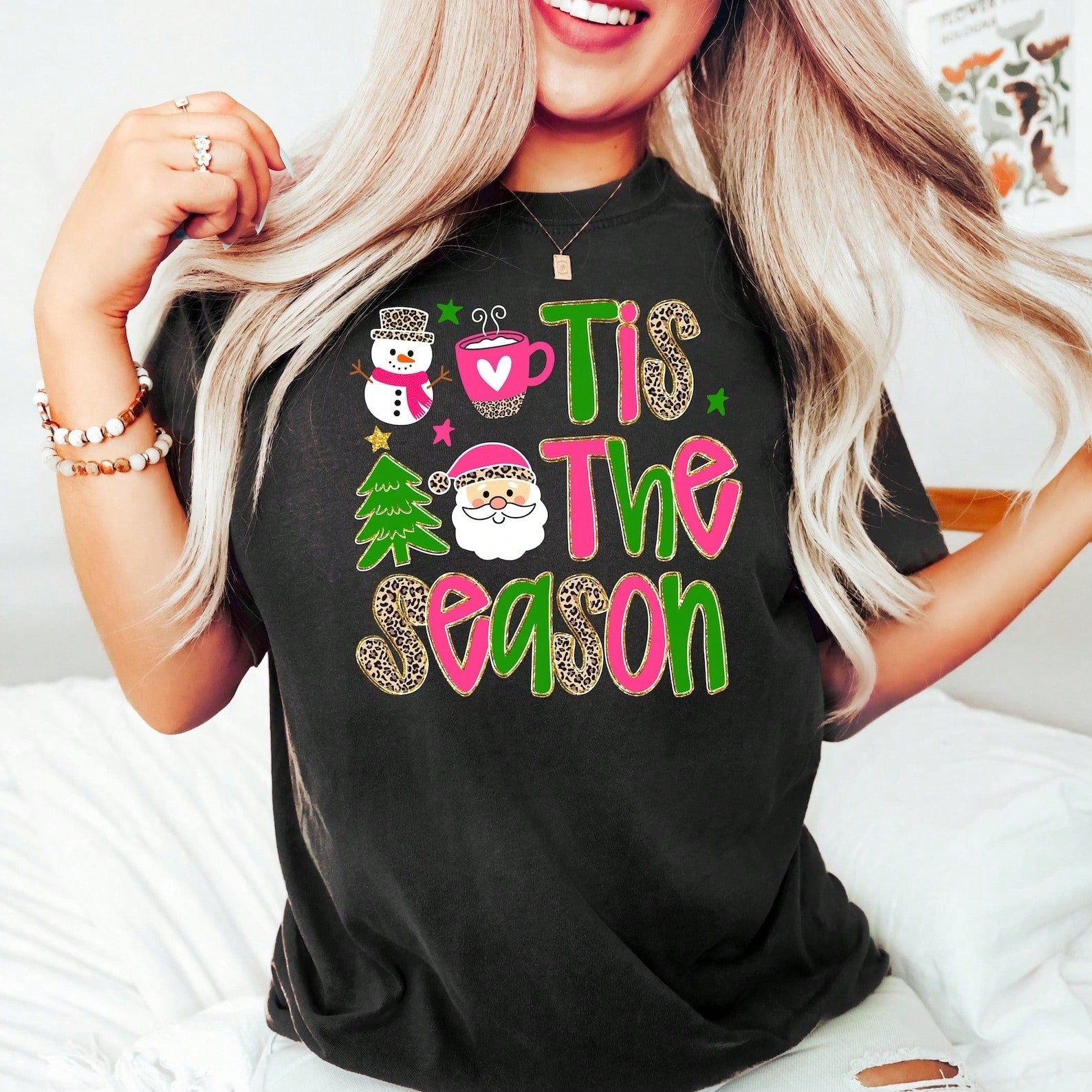 Tis The Season Christmas Print Cotton Short Sleeve Tee Crew Neck Casual Top