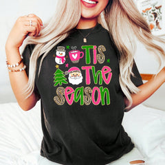 Tis The Season Christmas Print Cotton Short Sleeve Tee Crew Neck Casual Top