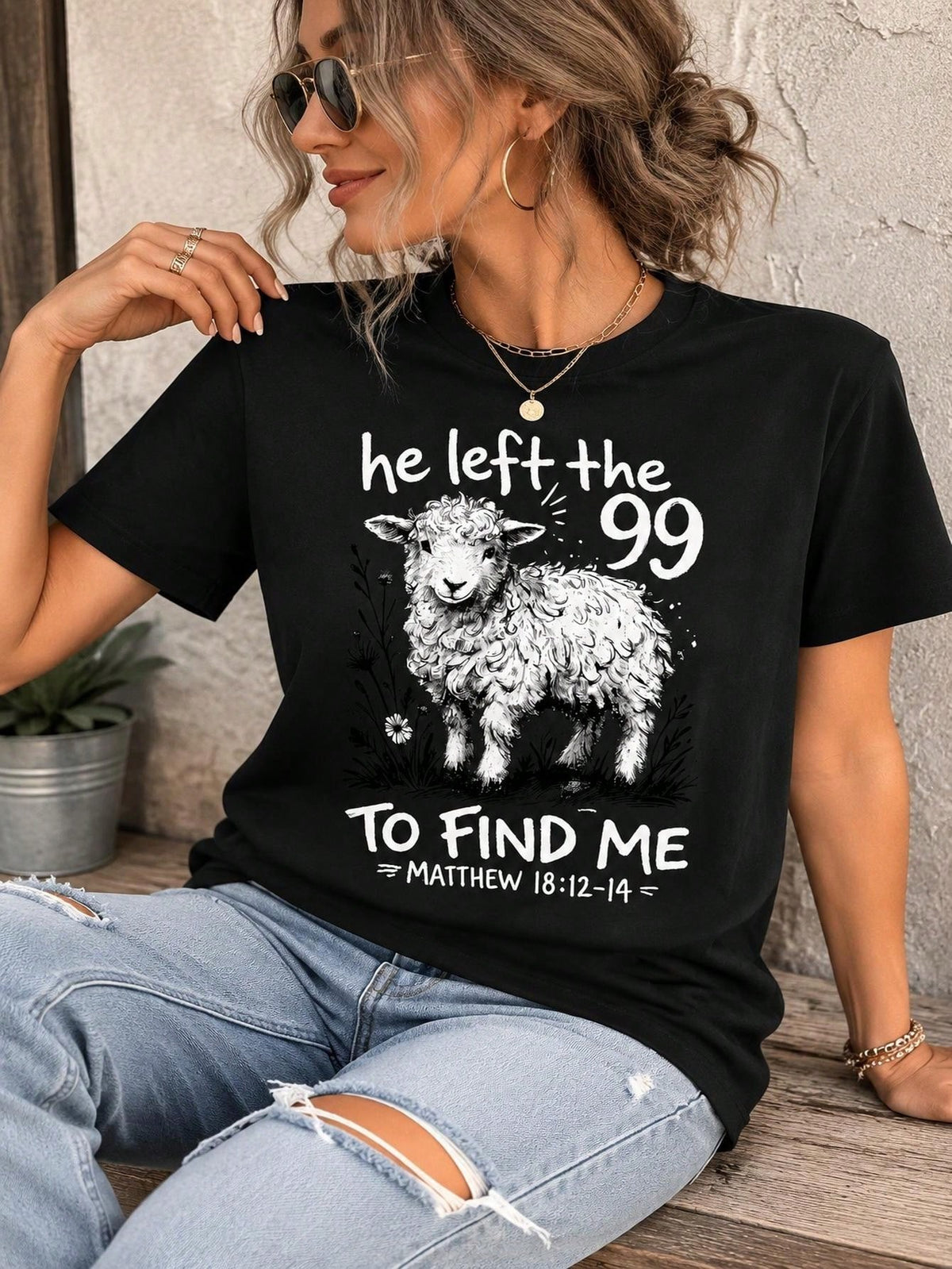 He Left The 99 Graphic Crew Neck Tee Vintage Lamb Faith Short Sleeve Top