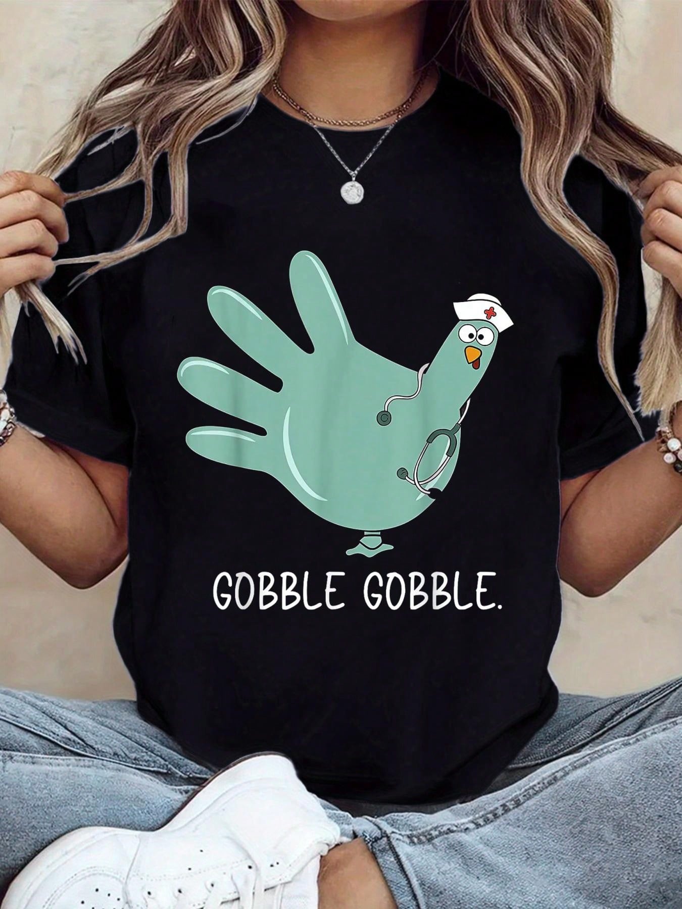 Turkey Glove Graphic Crew Neck Tee Nurse Thanksgiving Fall Short Sleeve Top