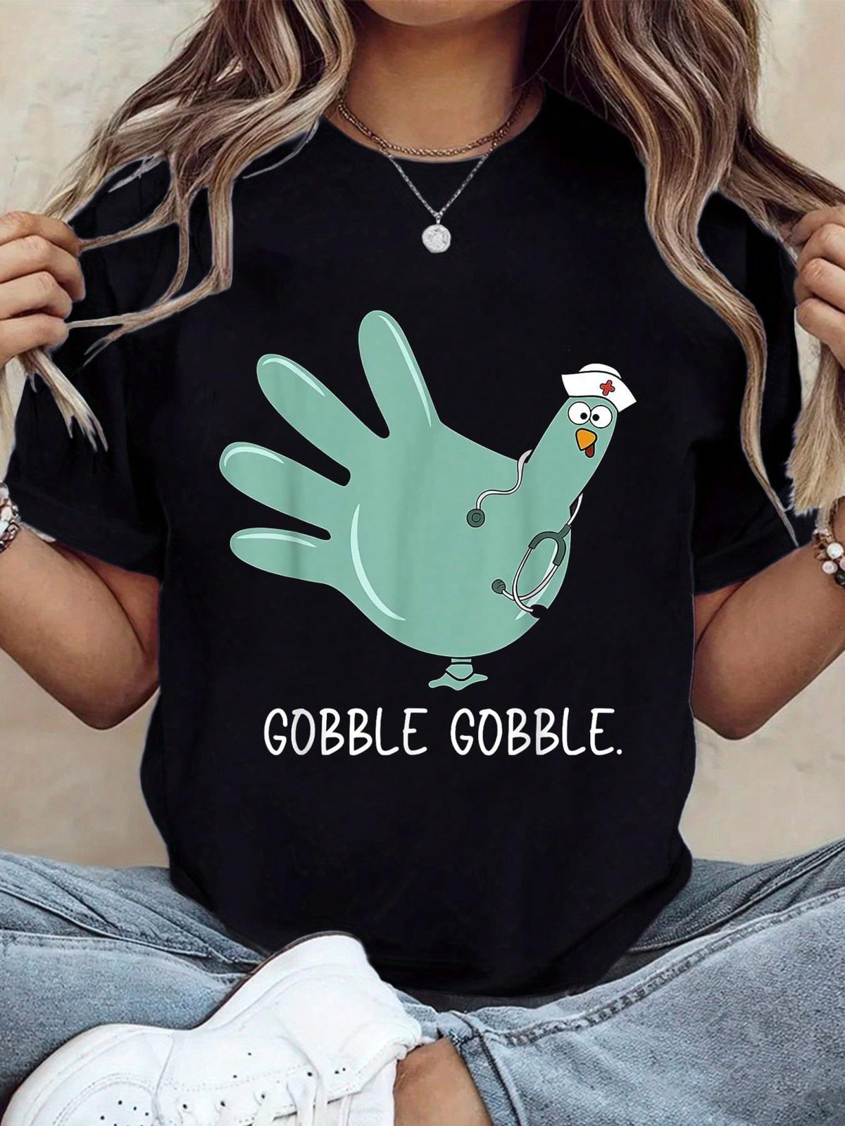 Turkey Glove Graphic Crew Neck Tee Nurse Thanksgiving Fall Short Sleeve Top