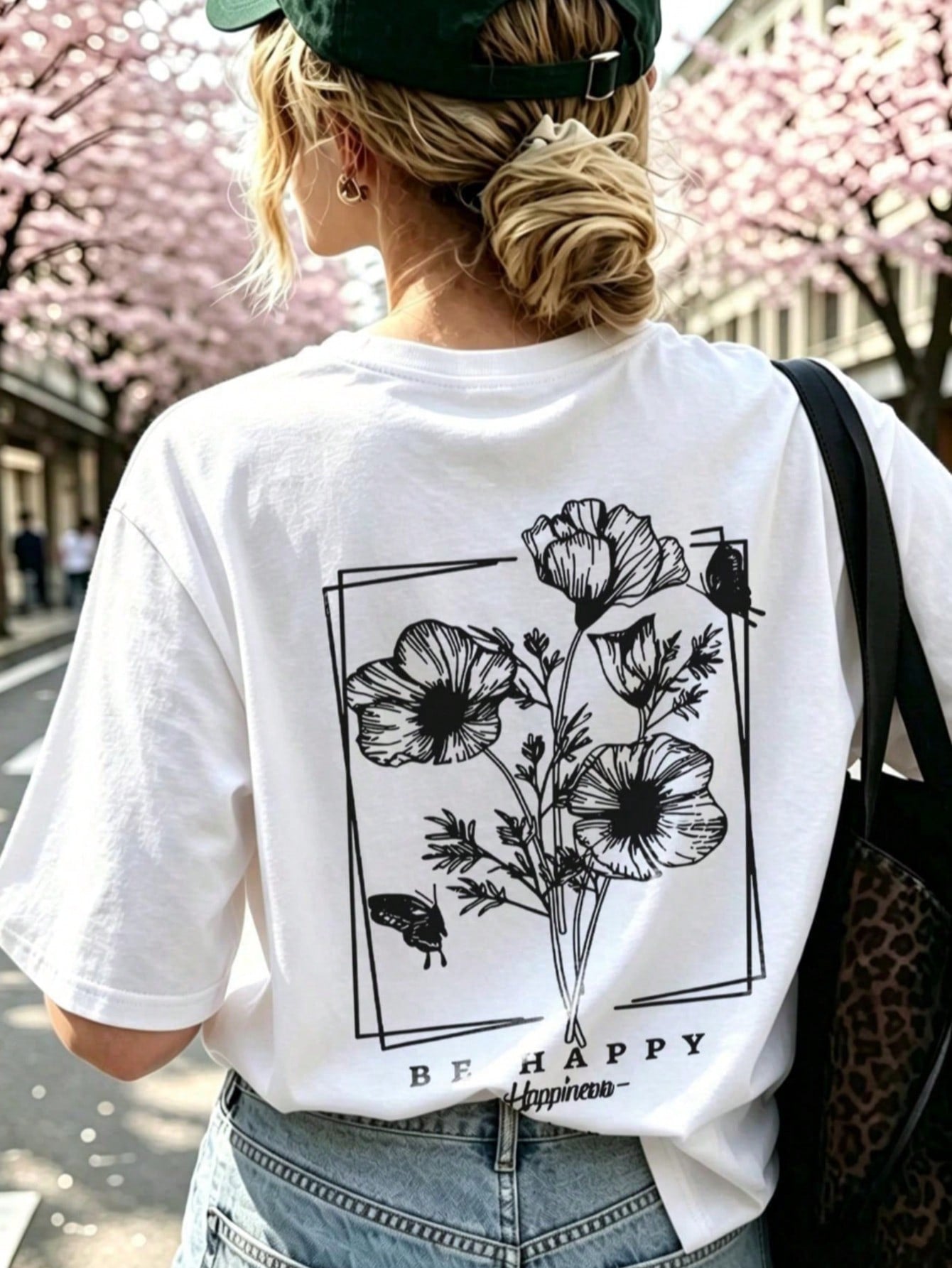 Vintage Line Art Floral Butterfly Back Print Short Sleeve Tee Crew Neck Top