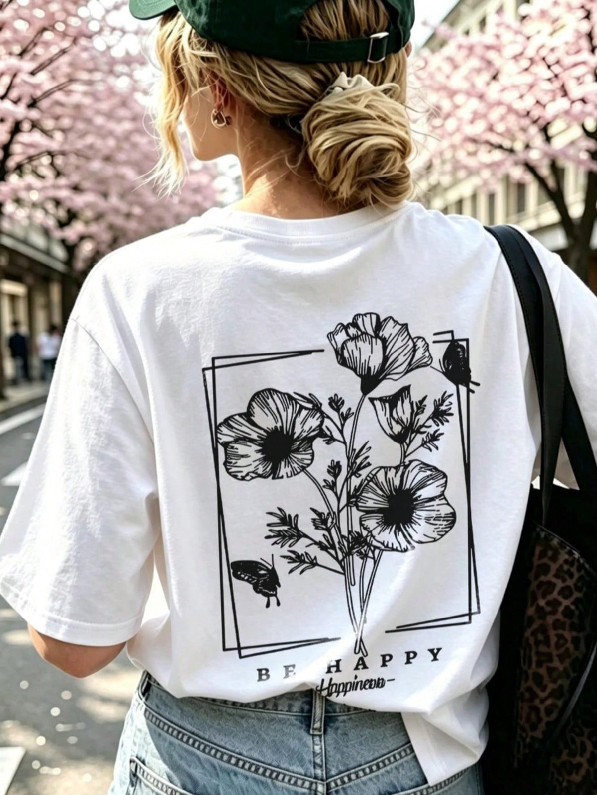 Vintage Line Art Floral Butterfly Back Print Short Sleeve Tee Crew Neck Top