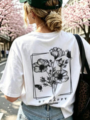 Vintage Line Art Floral Butterfly Back Print Short Sleeve Tee Crew Neck Top