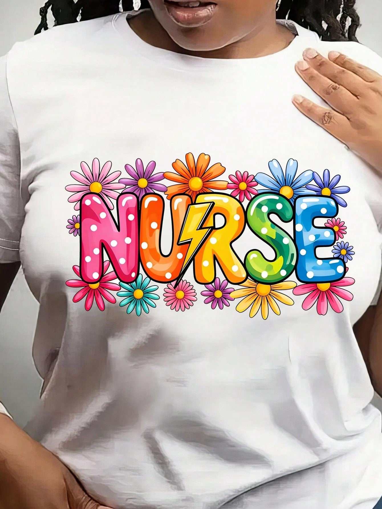 Floral Nurse Graphic Crew Neck Tee Multicolor Flower Soft Stretch Short Sleeve