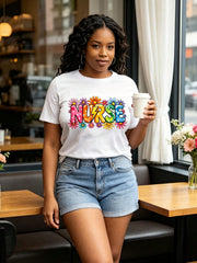 Floral Nurse Graphic Crew Neck Tee Multicolor Flower Soft Stretch Short Sleeve