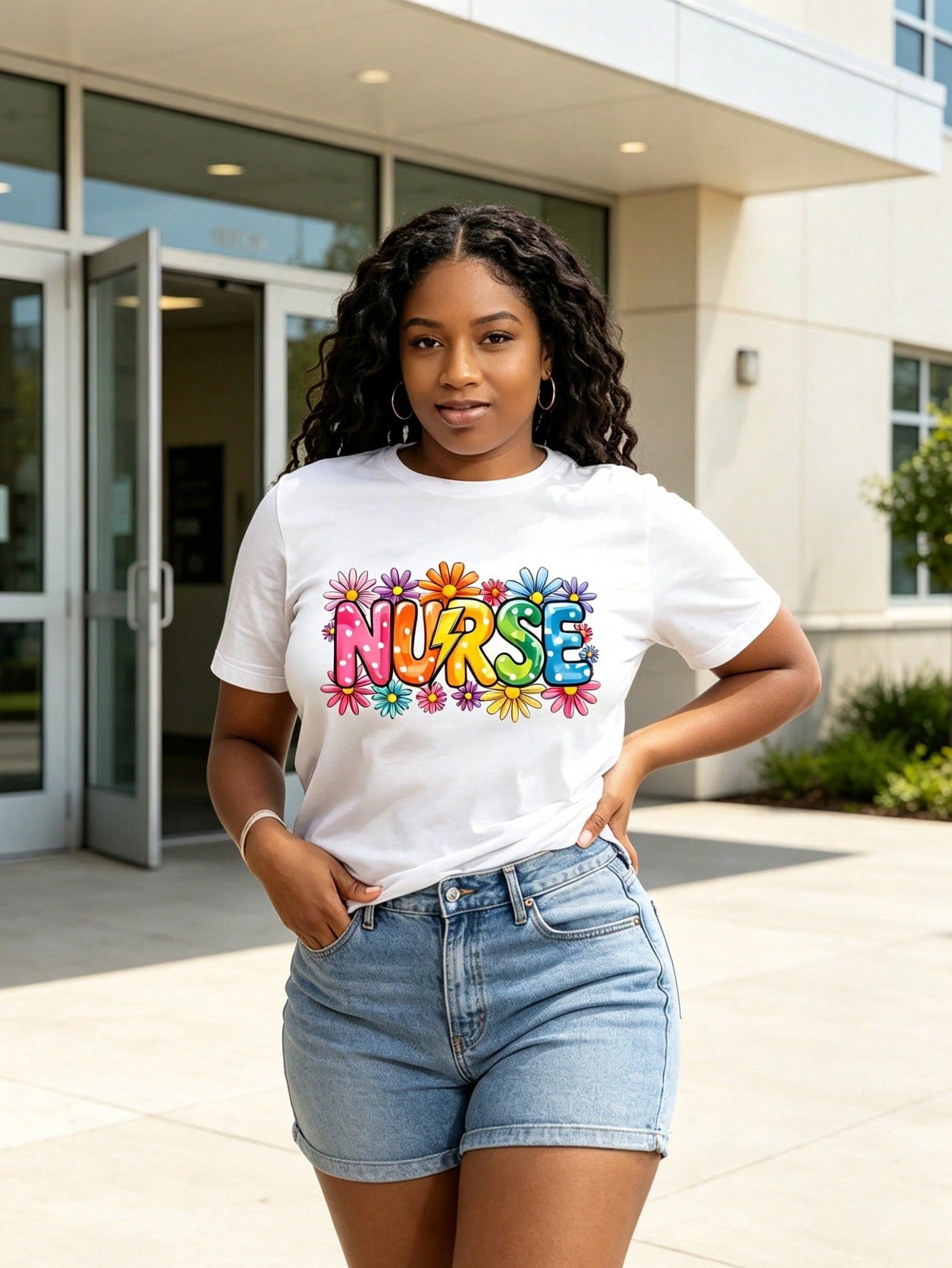 Floral Nurse Graphic Crew Neck Tee Multicolor Flower Soft Stretch Short Sleeve