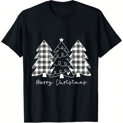 Women's Christmas T-Shirt, Buffalo Plaid Christmas Tree Graphic, Merry Christmas Short Sleeve Tee