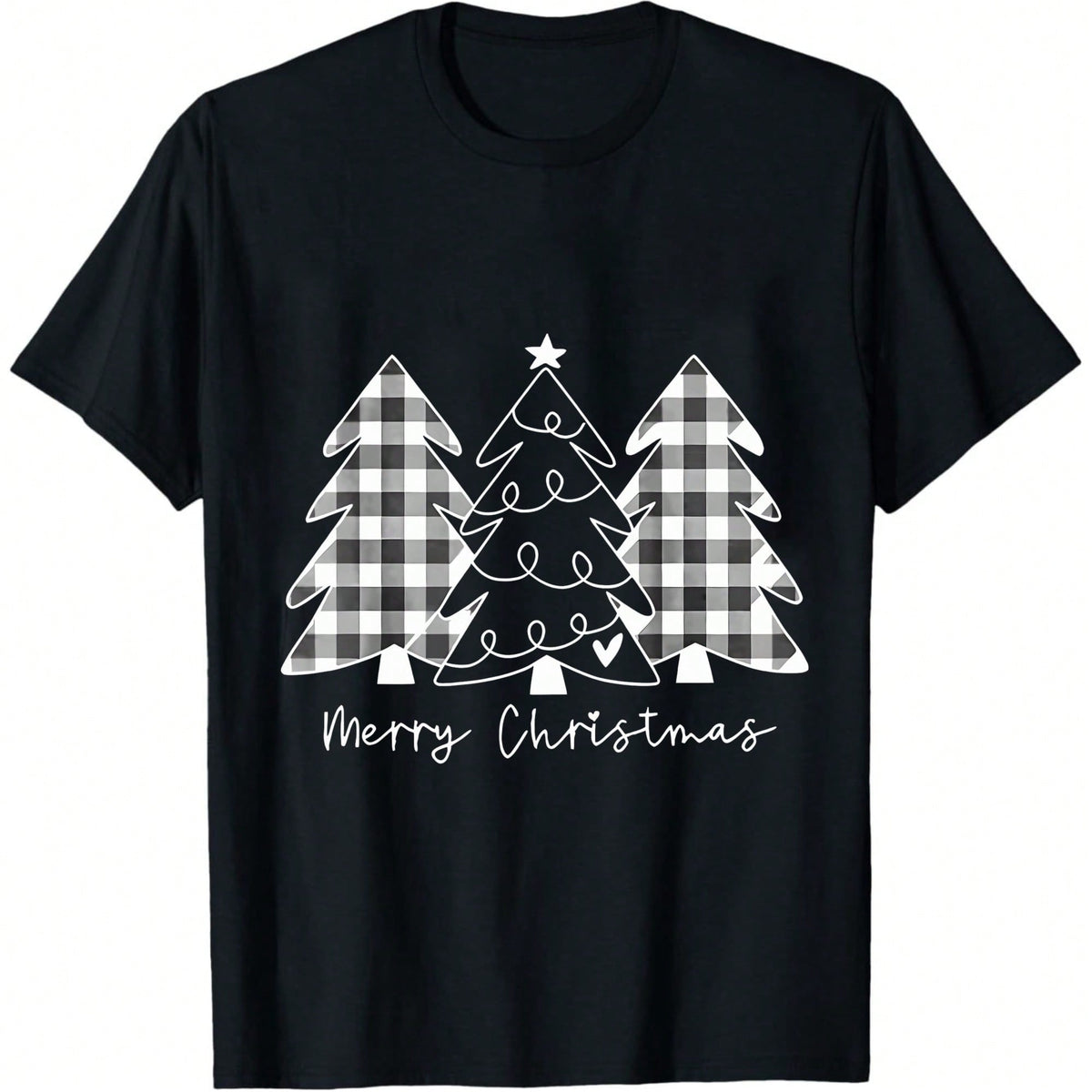Women's Christmas T-Shirt, Buffalo Plaid Christmas Tree Graphic, Merry Christmas Short Sleeve Tee