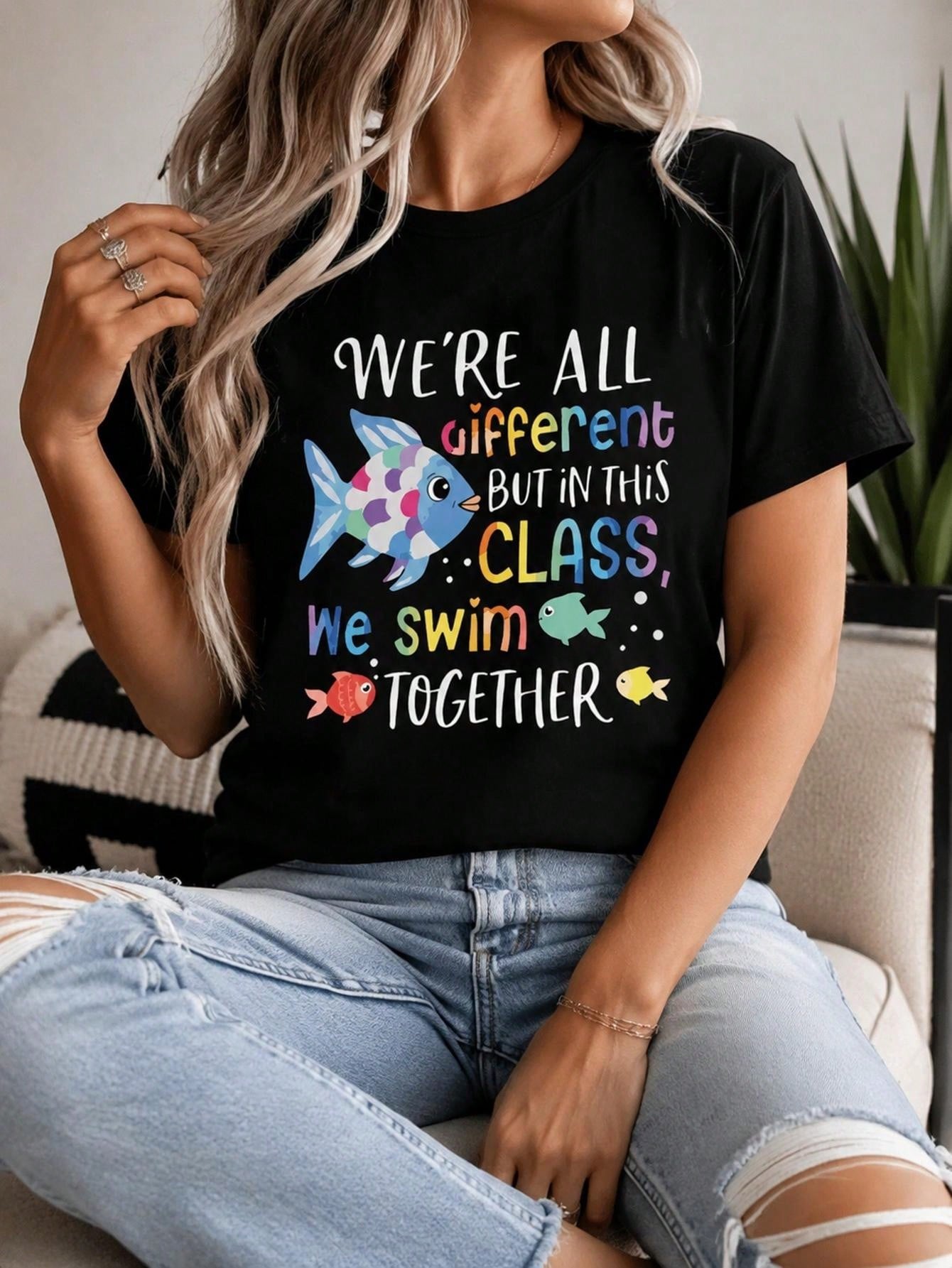 Colorful Fish Graphic Crew Neck Tee Teacher Inspirational Cartoon Short Sleeve