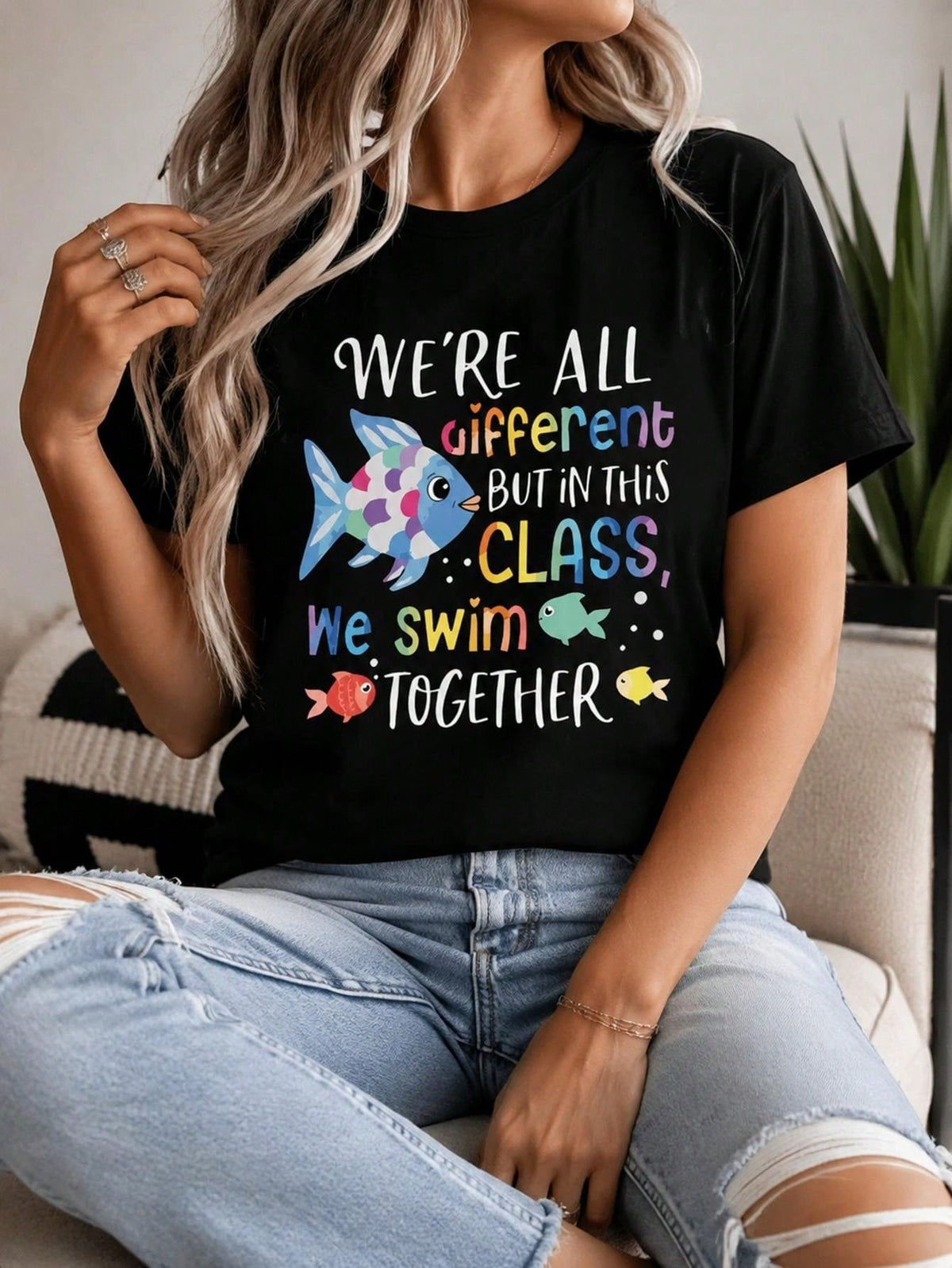 Colorful Fish Graphic Crew Neck Tee Teacher Inspirational Cartoon Short Sleeve
