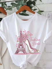 Eiffel Tower High Heels Graphic Crew Neck Tee Spring Summer Casual Short Sleeve