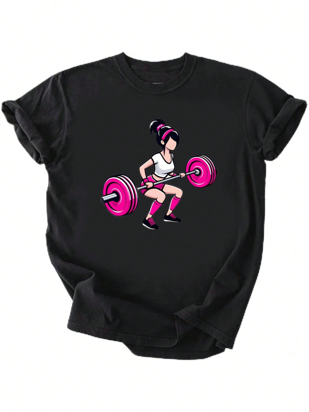 Pink Barbell Squat Girl Graphic Crew Neck Tee Unisex Gym Workout Short Sleeve Top