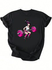 Pink Barbell Squat Girl Graphic Crew Neck Tee Unisex Gym Workout Short Sleeve Top