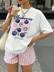 Blueberry Illustration Print Loose Short Sleeve Tee Unisex Crew Neck Casual Top
