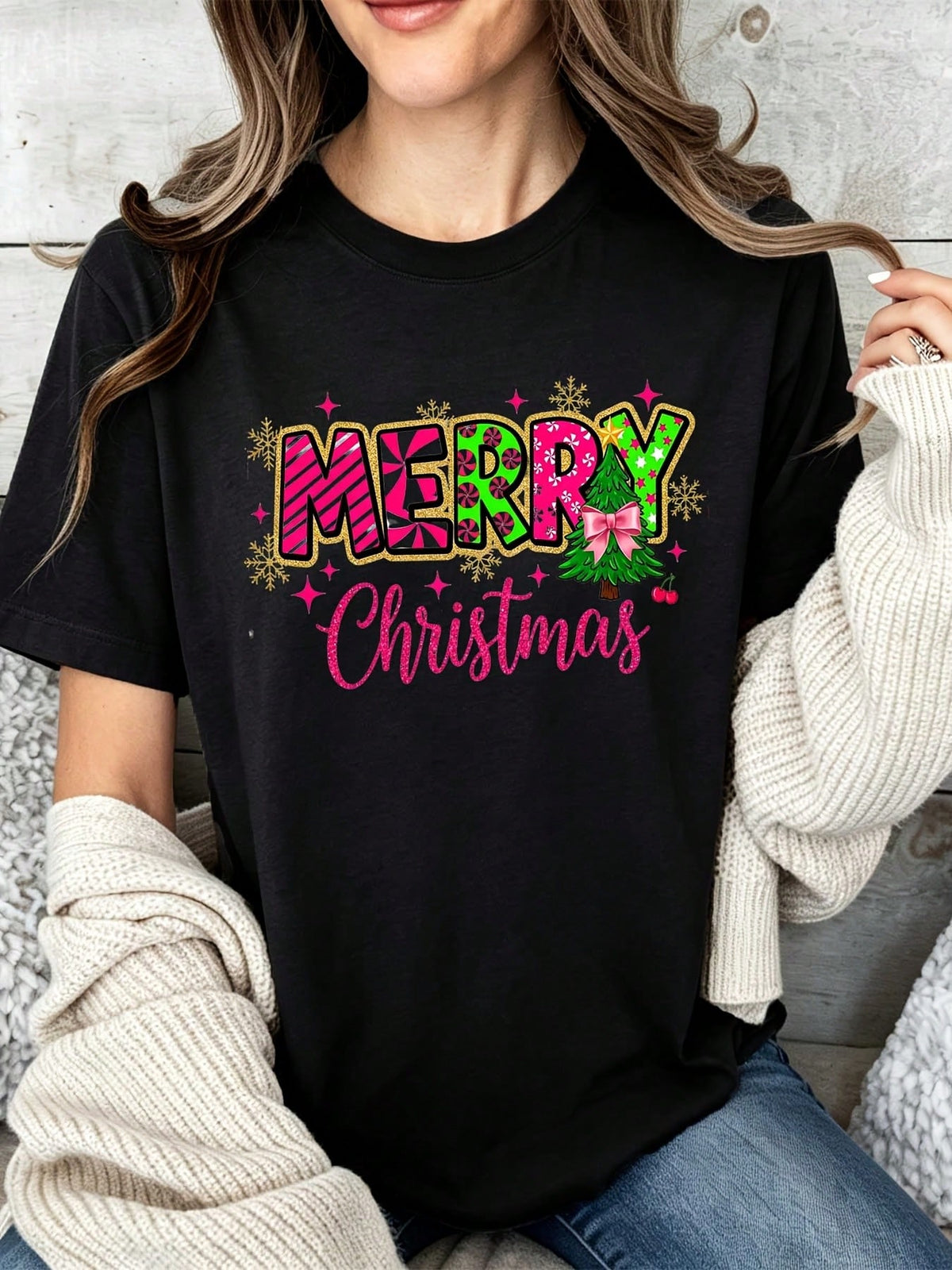 Christmas Tree Snowflake Graphic Crew Neck Tee Holiday Party Short Sleeve Top