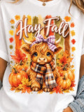 Unisex Hay Fall Highland Cow T-Shirt, Cute Fall Cow with Plaid Bow Scarf Pumpkin Maple Leaf Graphic Tee, Casual Crewneck Short Sleeve Tshirt