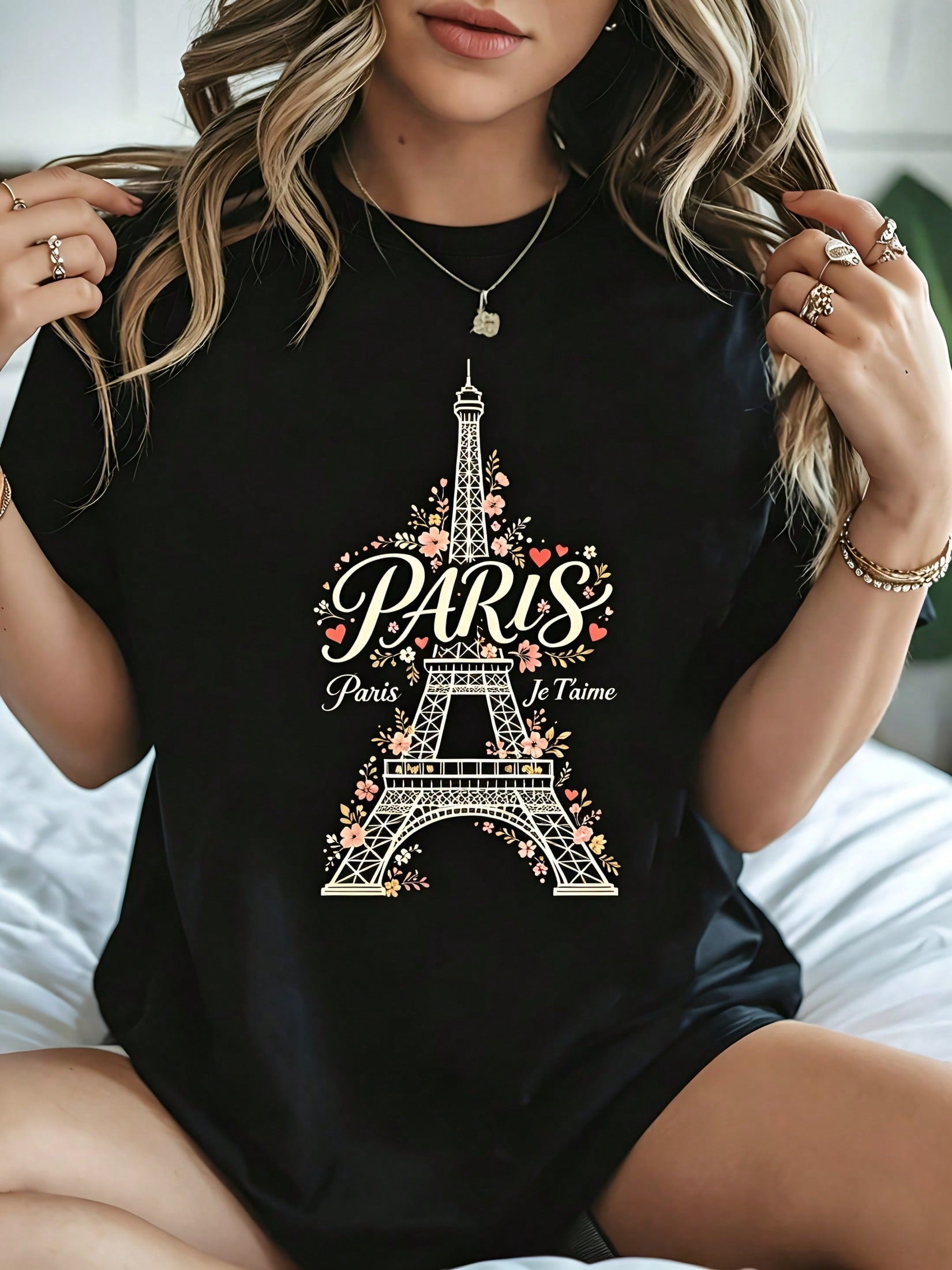 Eiffel Tower Floral Graphic Crew Neck Tee Paris Summer Vacation Short Sleeve