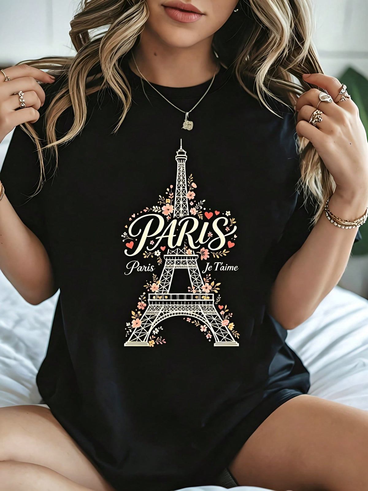 Eiffel Tower Floral Graphic Crew Neck Tee Paris Summer Vacation Short Sleeve