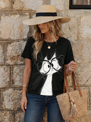 EMERY ROSE Cat Graphic Round Neck Tee Casual Versatile Short Sleeve Top
