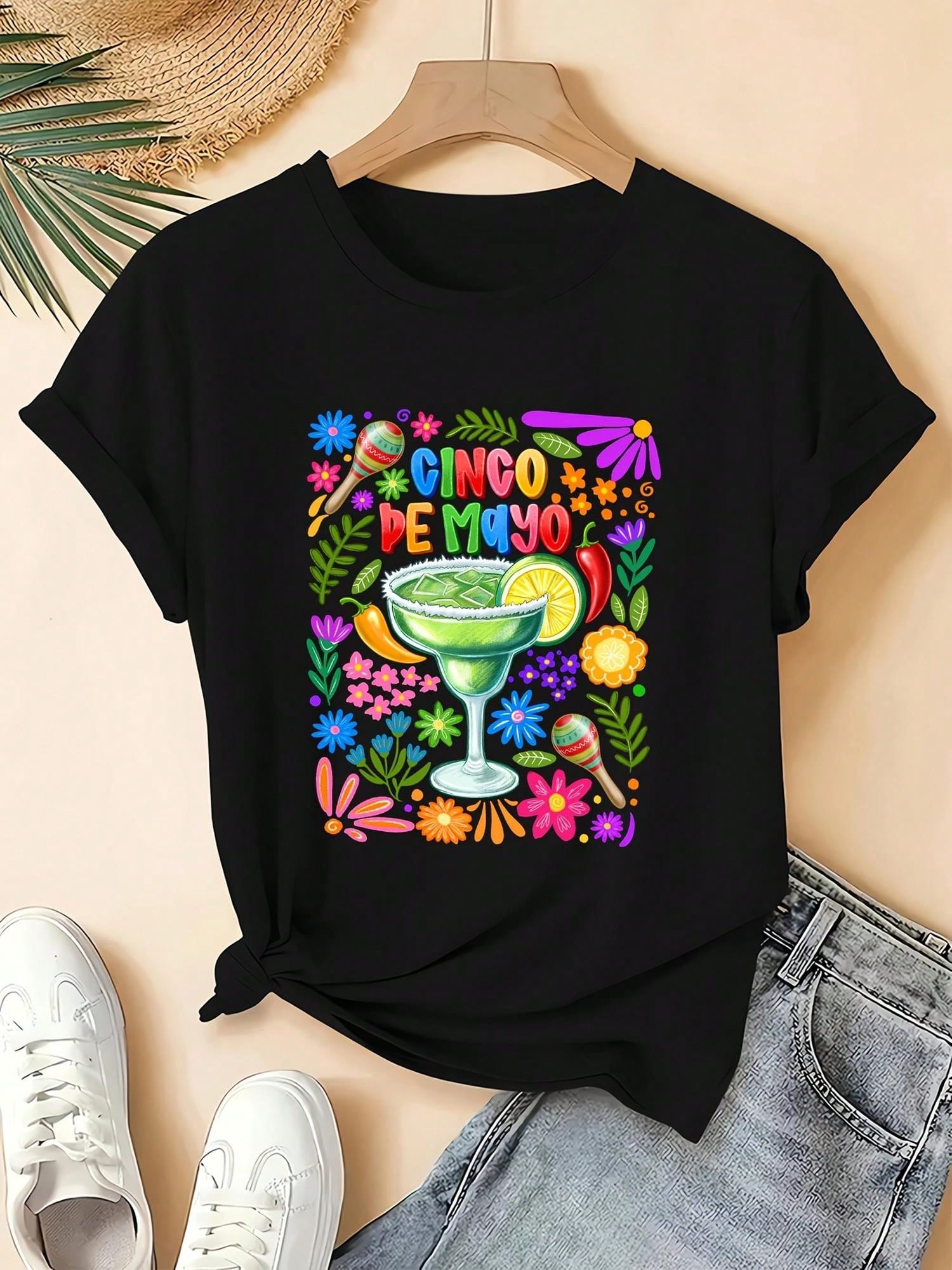 Cinco De Mayo Margarita Maracas Print Short Sleeve Tee Crew Neck Casual Top