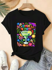 Cinco De Mayo Margarita Maracas Print Short Sleeve Tee Crew Neck Casual Top