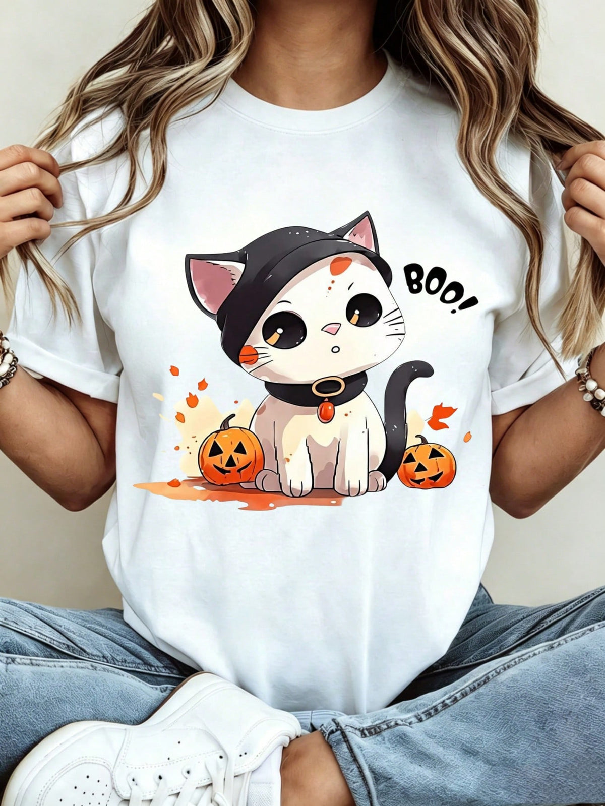 Cute Cartoon Style, Women's T-Shirt, Halloween Cat With Pumpkins And Boo
